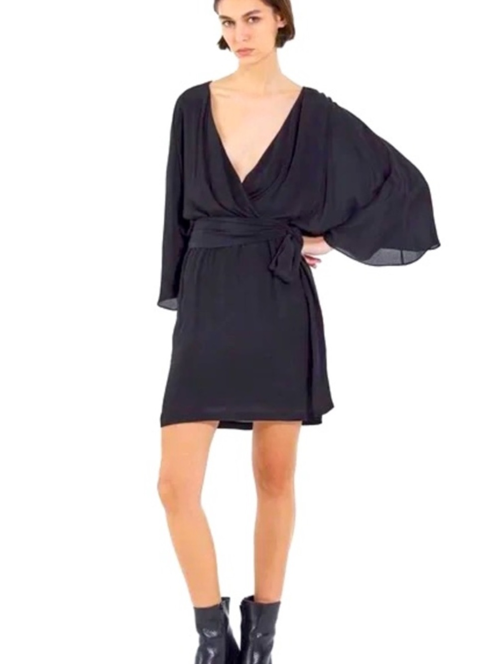 The Kooples Black Belted Modern Kimono Mini Dress Size 0/US-XS Silk Blend NWT
